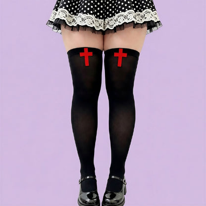 Gothic Cross Print Thigh High Socks(2 Pairs) - Black-A - One Size - image 5