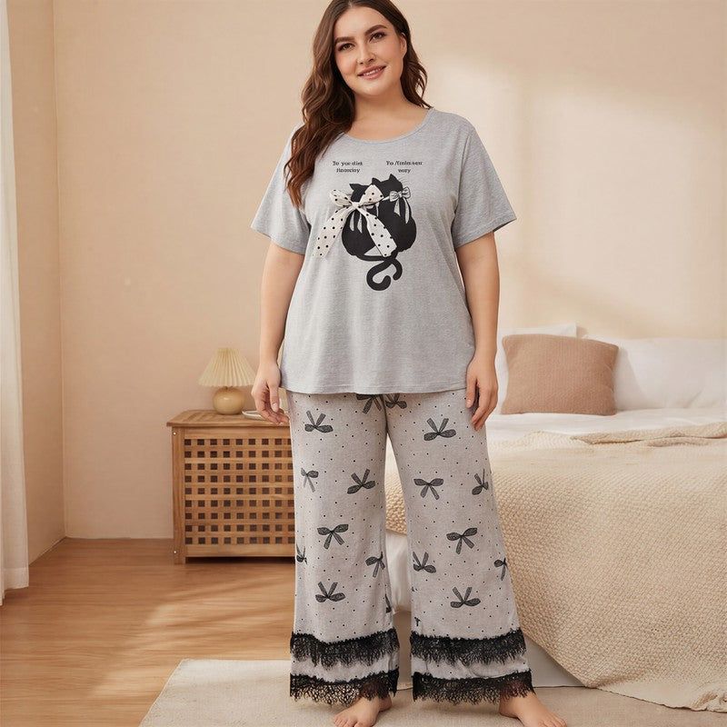 Soft Bow Cat Print Pajama Set - Grey - 4XL - image 2
