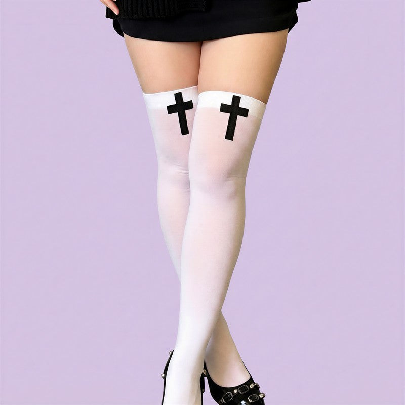 Gothic Cross Print Thigh High Socks(2 Pairs) - image 8