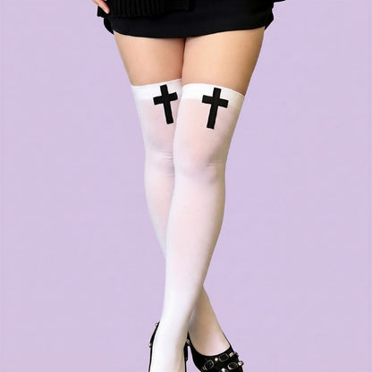 Gothic Cross Print Thigh High Socks(2 Pairs) - image 8