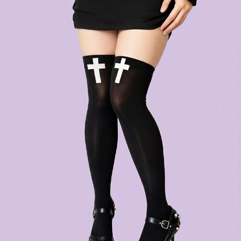 Gothic Cross Print Thigh High Socks(2 Pairs) - image 1
