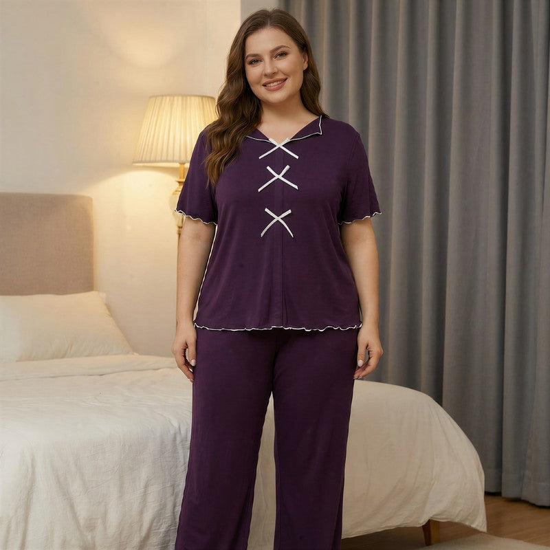 Classic Bow Trim Pajama Set - Purple - 5XL - image 4