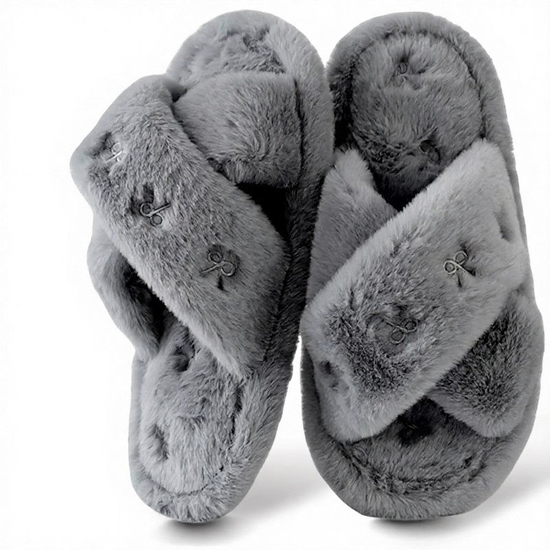 Cross Band Plush Open Toe Slippers - Grey - EU44-45(US9-10) - image 12