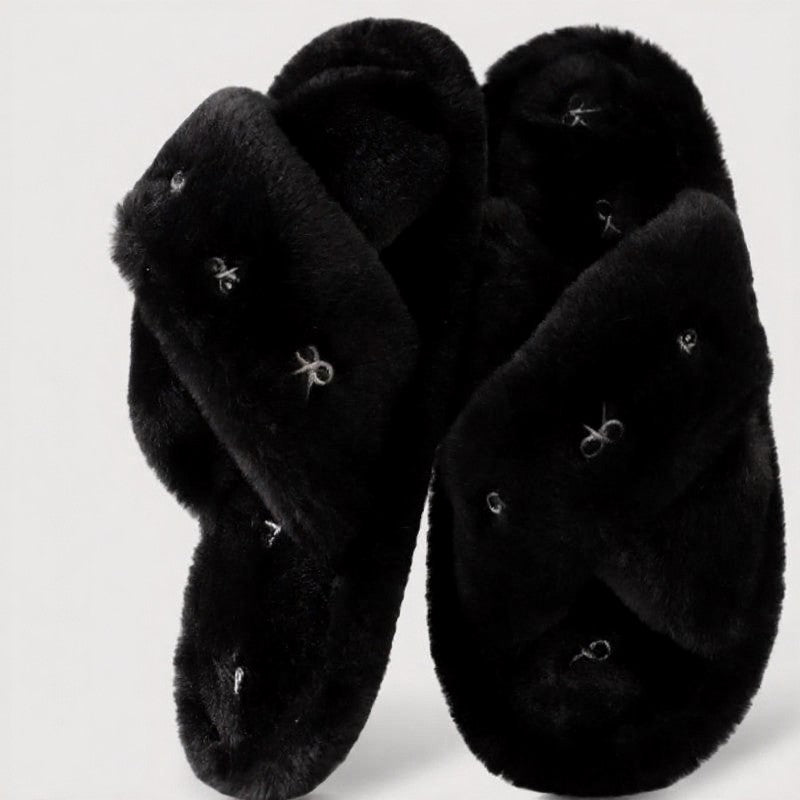 Cross Band Plush Open Toe Slippers - Black - EU44-45(US9-10) - image 11