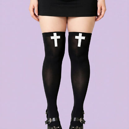 Gothic Cross Print Thigh High Socks(2 Pairs) - image 3