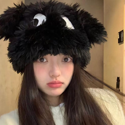 Fluffy Bear Ear Winter Hat - Black - One Size - image 1