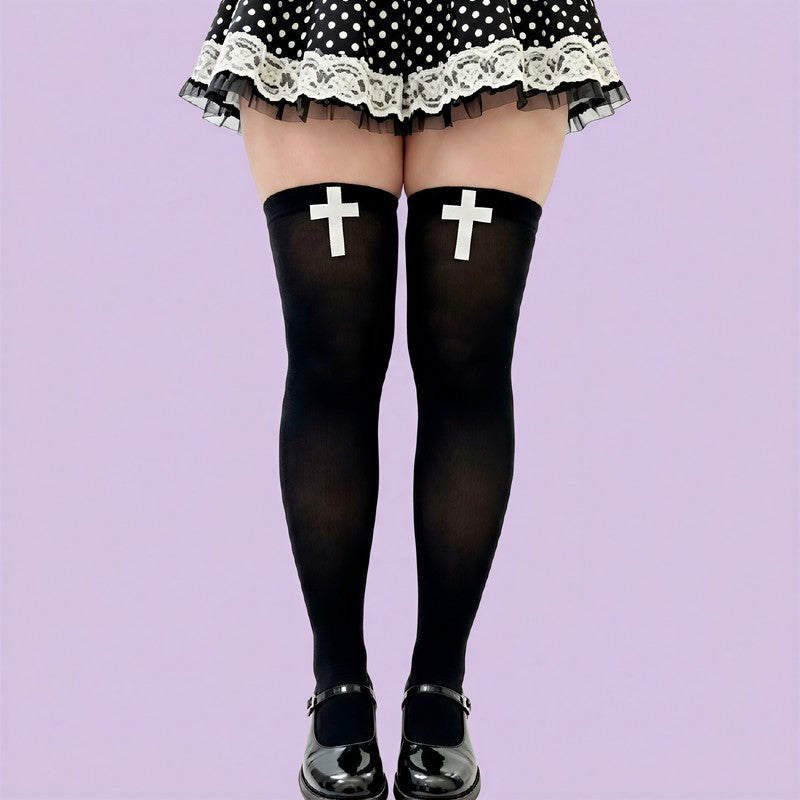 Gothic Cross Print Thigh High Socks(2 Pairs) - Black - One Size - image 0