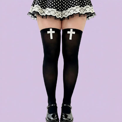 Gothic Cross Print Thigh High Socks(2 Pairs) - Black - One Size - image 0