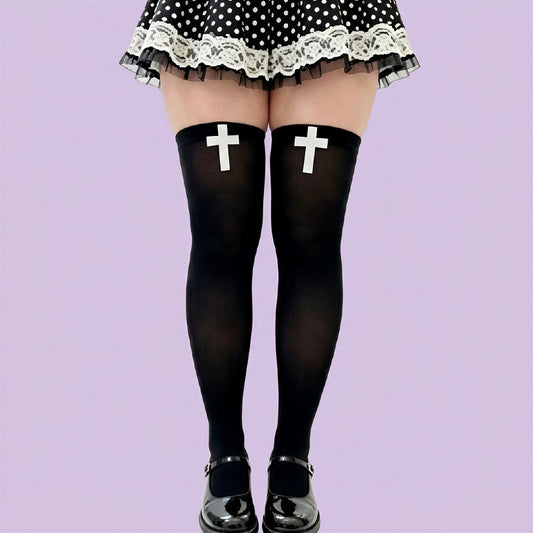 Gothic Cross Print Thigh High Socks(2 Pairs) - Black - One Size - image 0