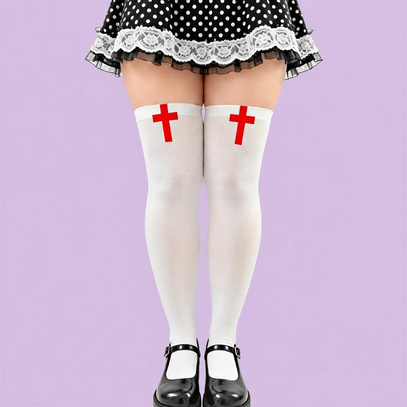Gothic Cross Print Thigh High Socks(2 Pairs) - White - One Size - image 7