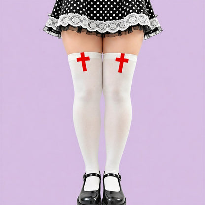 Gothic Cross Print Thigh High Socks(2 Pairs) - White - One Size - image 7