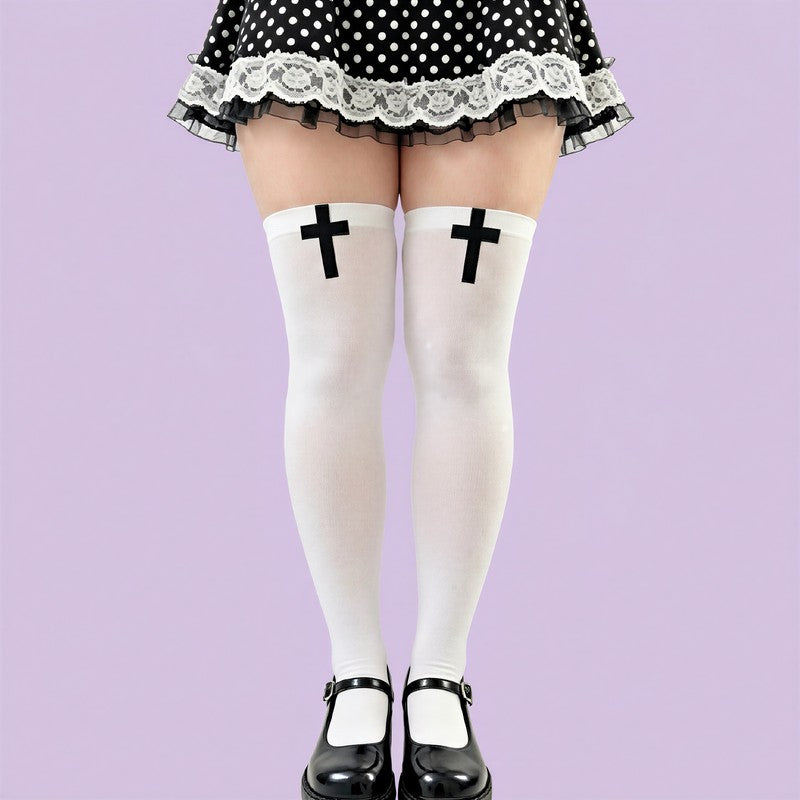 Gothic Cross Print Thigh High Socks(2 Pairs) - White-A - One Size - image 6