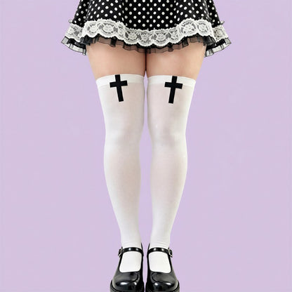 Gothic Cross Print Thigh High Socks(2 Pairs) - White-A - One Size - image 6