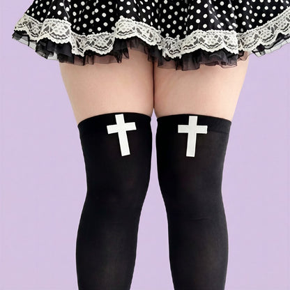 Gothic Cross Print Thigh High Socks(2 Pairs) - image 4