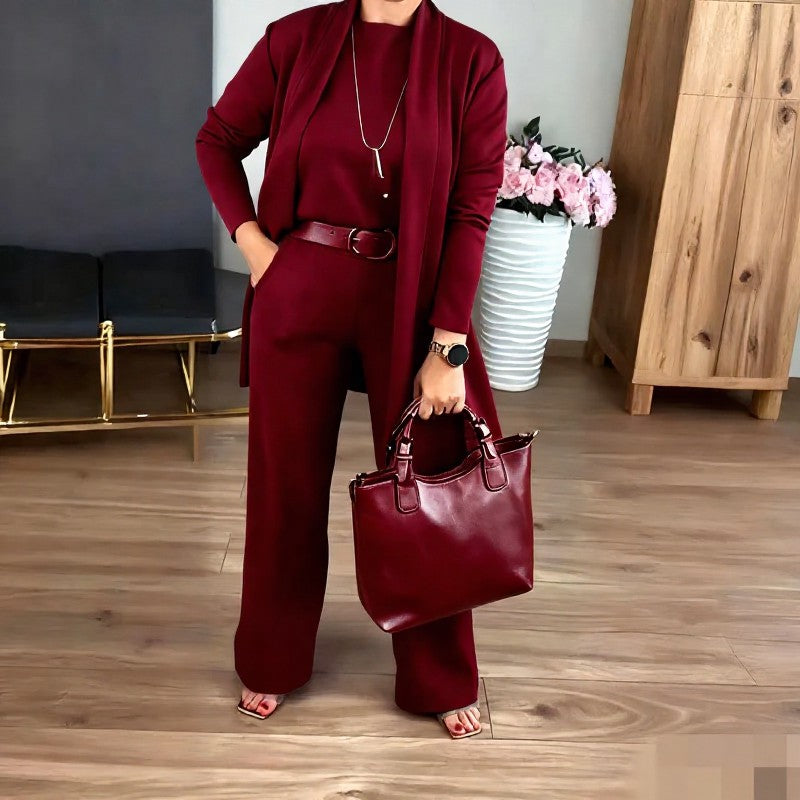 Tencel Blend Belted Wide Leg Three Piece Loungewear Set - Red - 5XL - image 2
