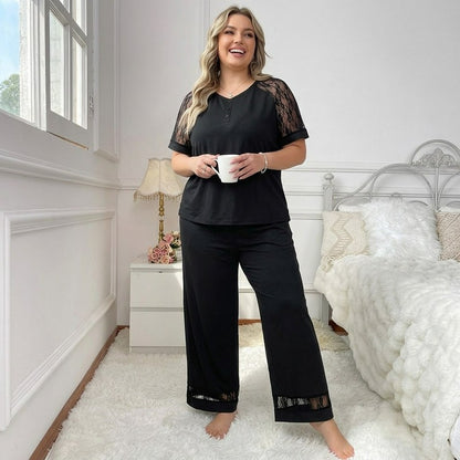 V Neck Lace Trim Pajama Set - Black - 4XL - image 0