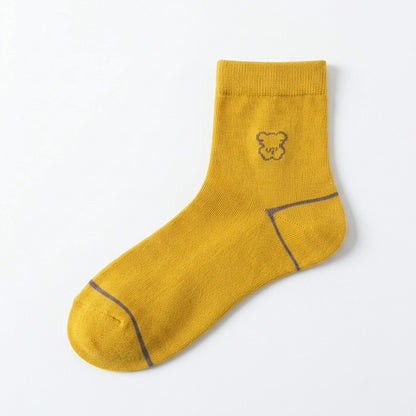Cute Bear Embroidered Cotton Quarter  Socks(5 Pairs) - Yellow - EU35-40(US2-7) - image 6