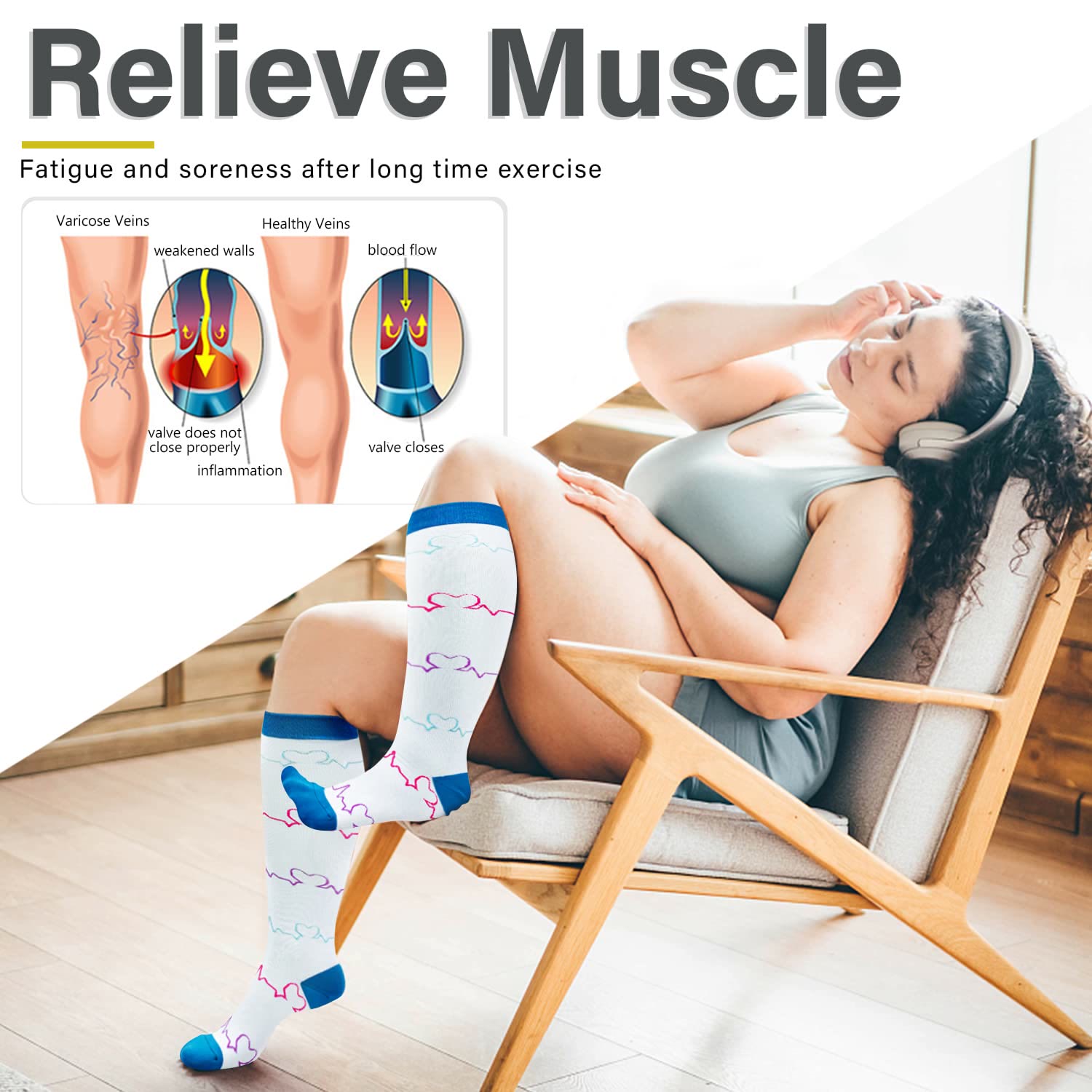 Electrocardiogram Pattern Plus Size Compression Socks(3 Pairs) - image 4