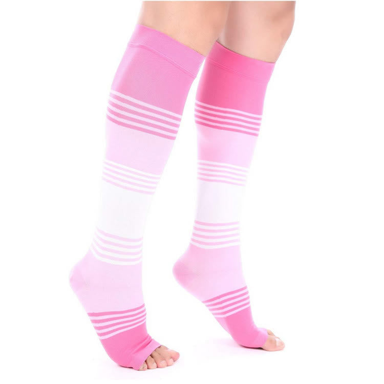 Mixed Color Striped Open Toe Compression Socks - Pink - L/XL - image 1