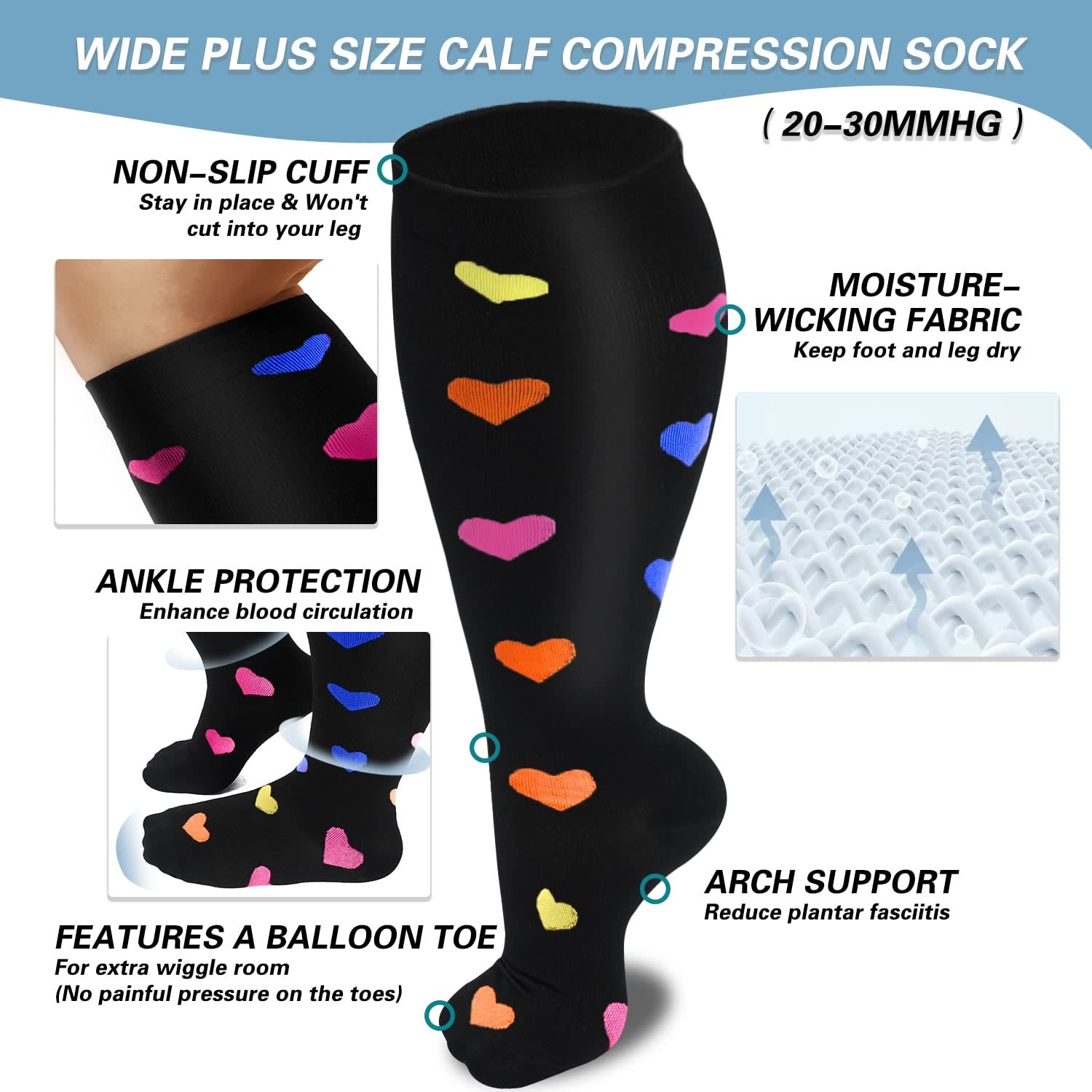 Plusock Heart Pattern Plus Size Compression Socks 2XL-7XL(3 Pairs) - image 2