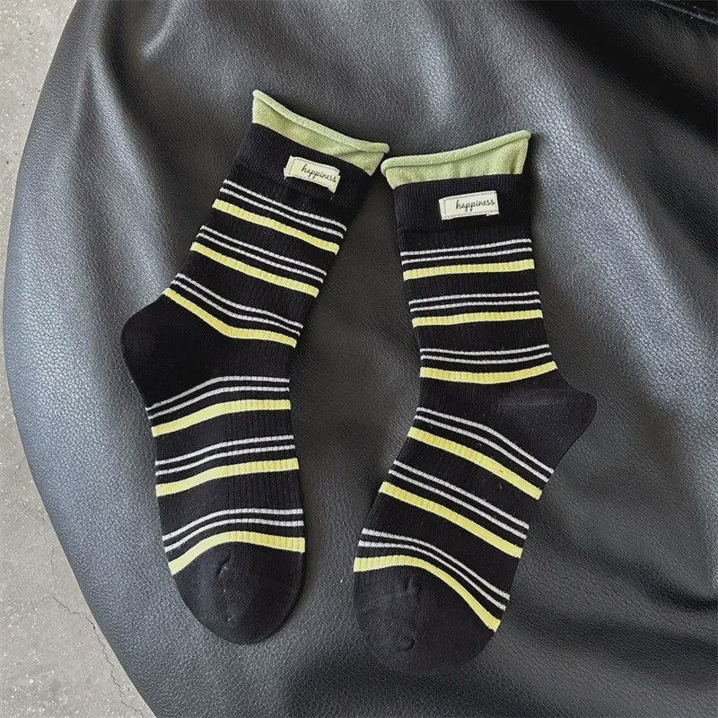 Retro Striped Knit Quarter Socks (5 Pairs) - Black - EU36-42(US3-8.5) - image 21