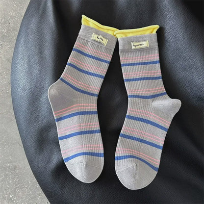 Retro Striped Knit Quarter Socks (5 Pairs) - Light Gray - EU36-42(US3-8.5) - image 19