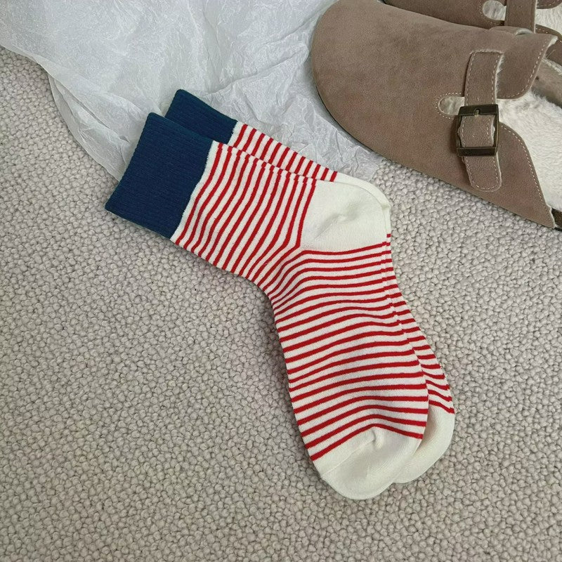Retro Striped Color Blocking Quarter Socks (4 Pairs) - Red - EU36-39(US3-6) - image 7
