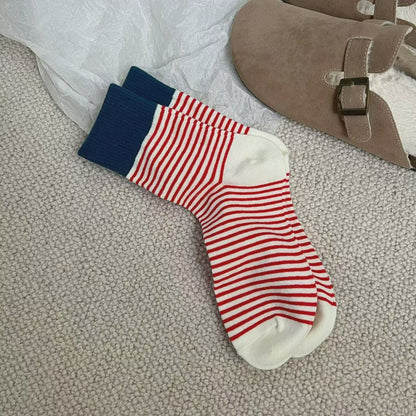 Retro Striped Color Blocking Quarter Socks (4 Pairs) - Red - EU36-39(US3-6) - image 7