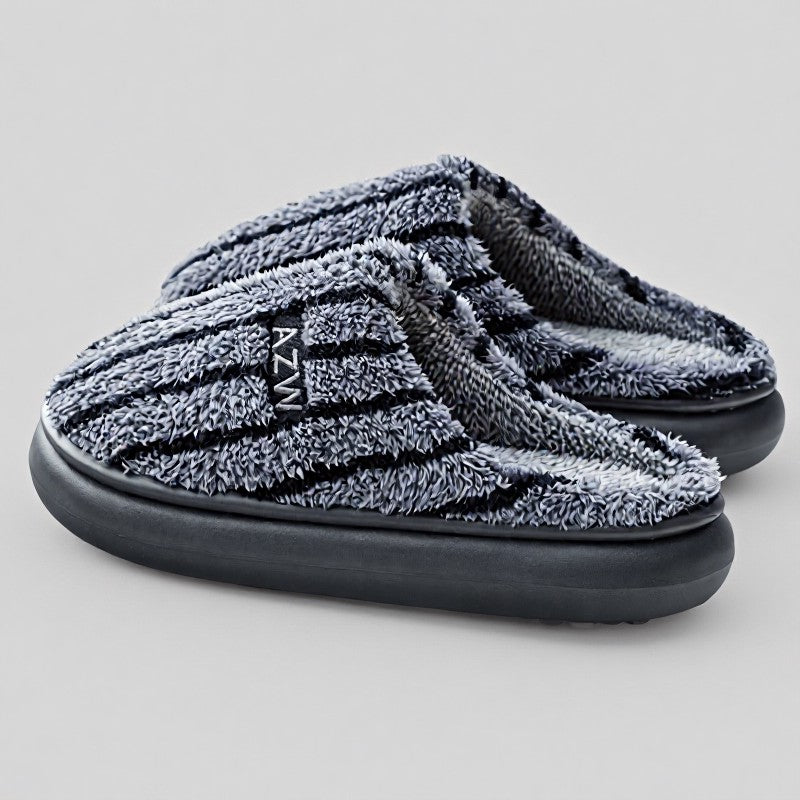 Plus Size Striped Plush Closed Back  Fluffy Shoes - Dark Grey - EU44-45(US10-11) - image 1