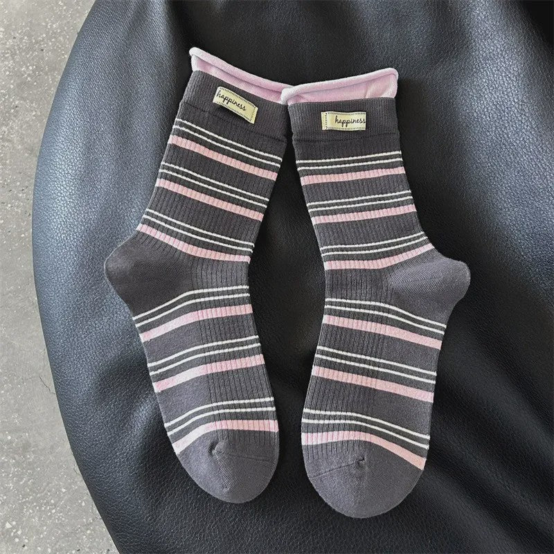 Retro Striped Knit Quarter Socks (5 Pairs) - Dark Grey - EU36-42(US3-8.5) - image 18