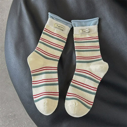 Retro Striped Knit Quarter Socks (5 Pairs) - Beige - EU36-42(US3-8.5) - image 17