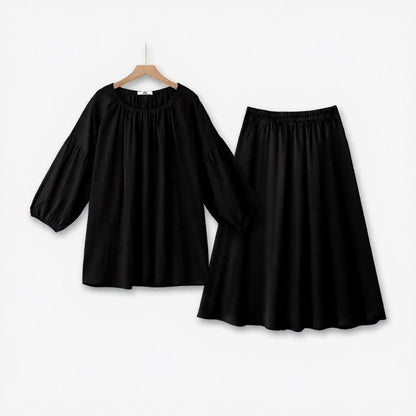 Plus Size Gathered Neck Two-Piece Skirt Set - Black - 6XL - image 2