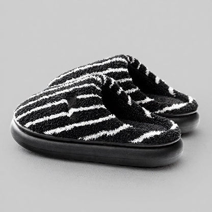 Plus Size Striped Plush Closed Back  Fluffy Shoes - Black - EU44-45(US10-11) - image 0
