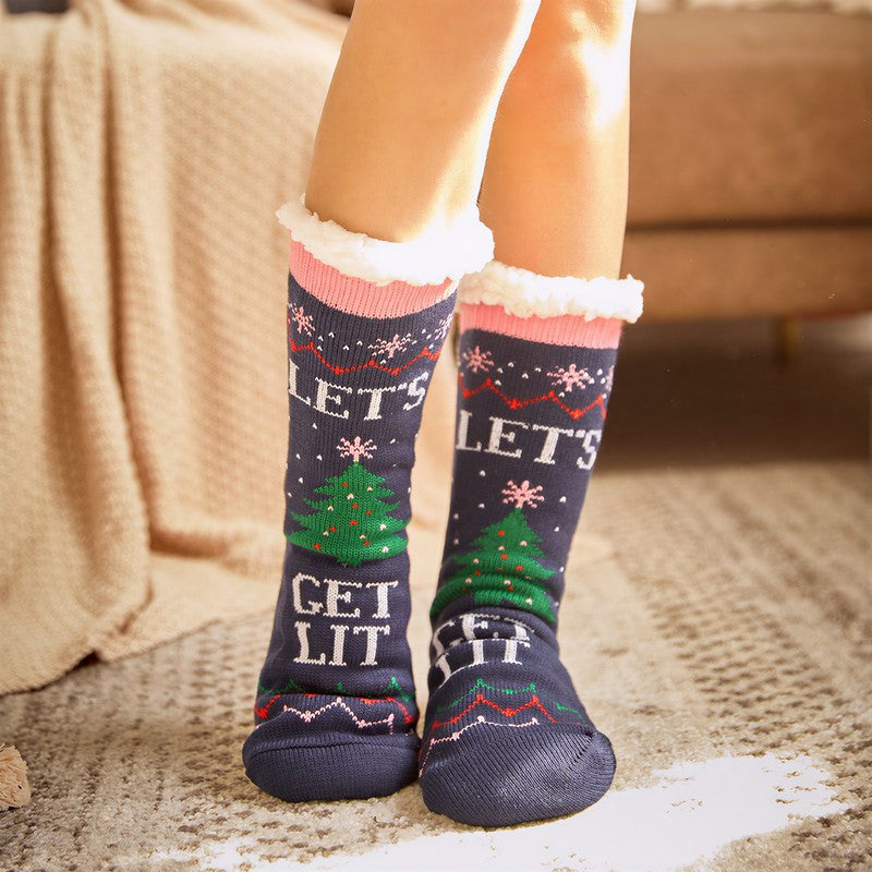 Santa Stripe Plush Lined Cozy Home Slipper Socks - Dark Grey - EU35-42(US2-8) - image 6