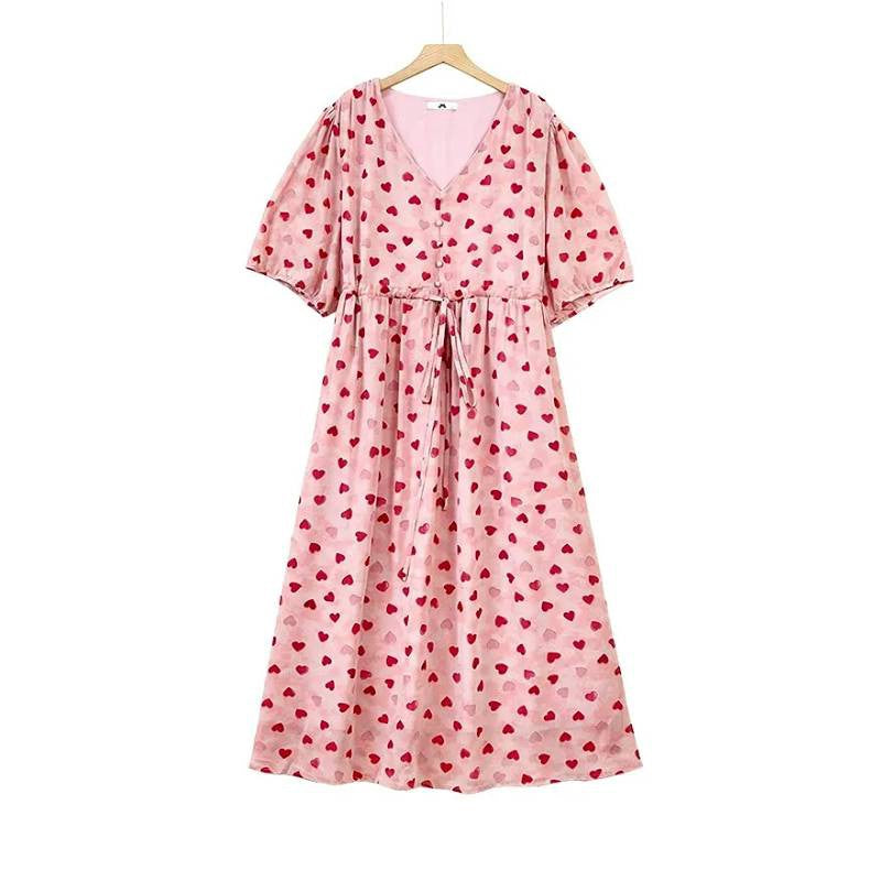 Heart Print Drawstring Midi Dress - Pink - 6XL - image 0