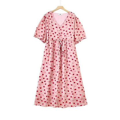 Heart Print Drawstring Midi Dress - Pink - 6XL - image 0