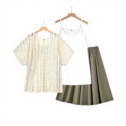 Lace Cover Up Cami and Midi Skirt Three Piece Set - 3Pcs Set (White) - 6XL - image 1