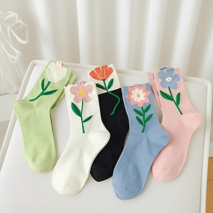 Springtime Floral Embroidered Cotton Crew Socks(5 Pairs) - Multicolor - EU35-40 (US2-7) - image 1