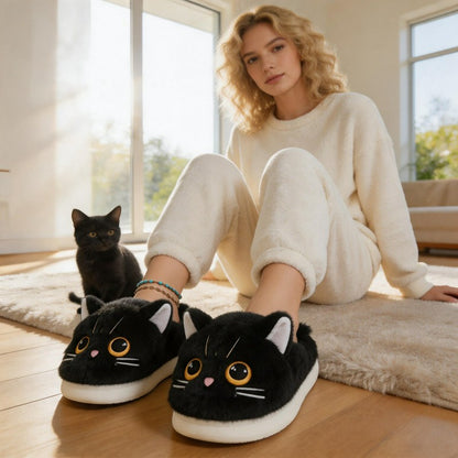 Cat Plush Soft Sole Indoor Slippers - Black - EU44-45(US10-11) - image 1