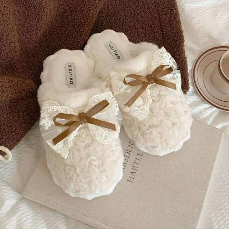 Lace Bow Plush Knit Cuff Slippers - image 3