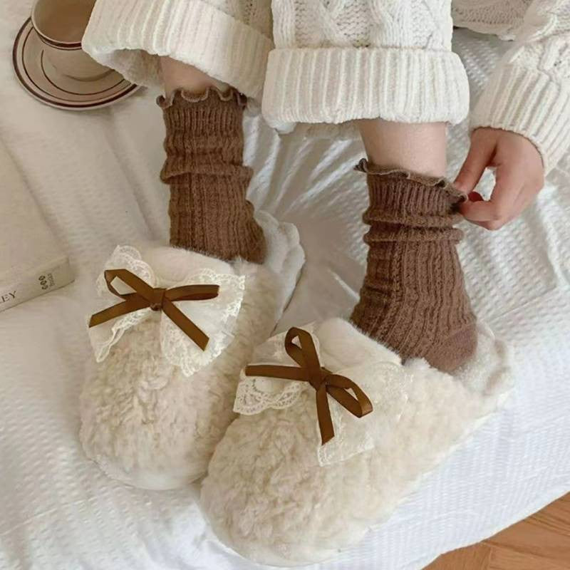 Lace Bow Plush Knit Cuff Slippers - Beige - EU40-41(US7-7.5) - image 0