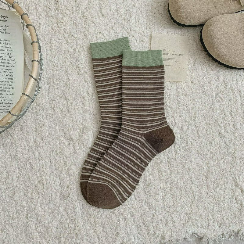 Retro Striped Knit Quarter Socks (6 Pairs) - Coffee - EU36-39(US3-6) - image 5