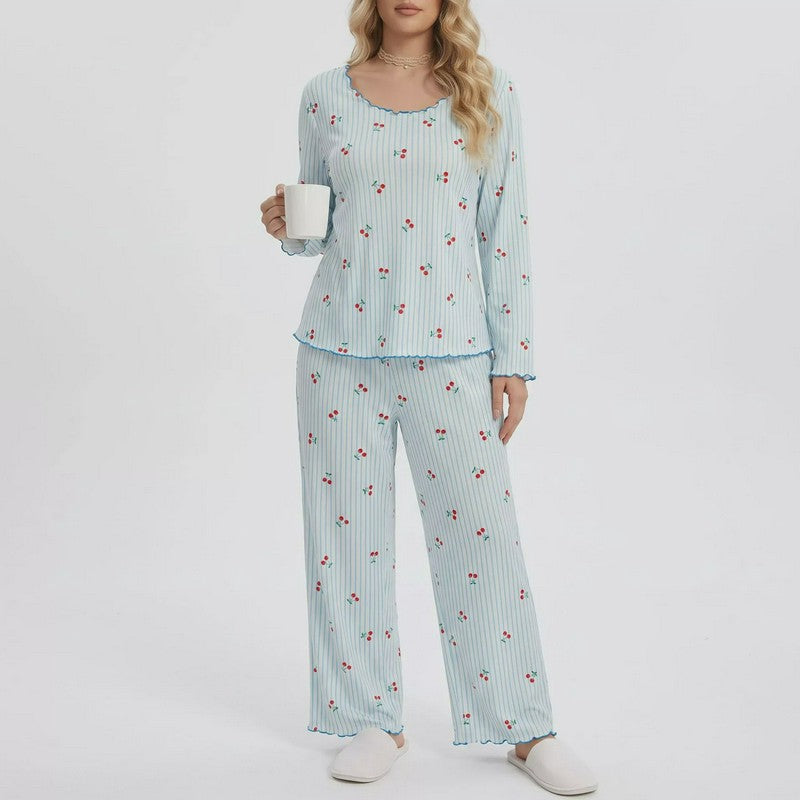 Cherry Stripe Long Sleeve Pajama Set - Blue - 4XL - image 0
