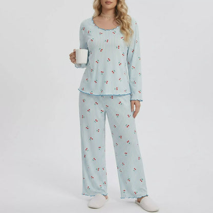 Cherry Stripe Long Sleeve Pajama Set - Blue - 4XL - image 0
