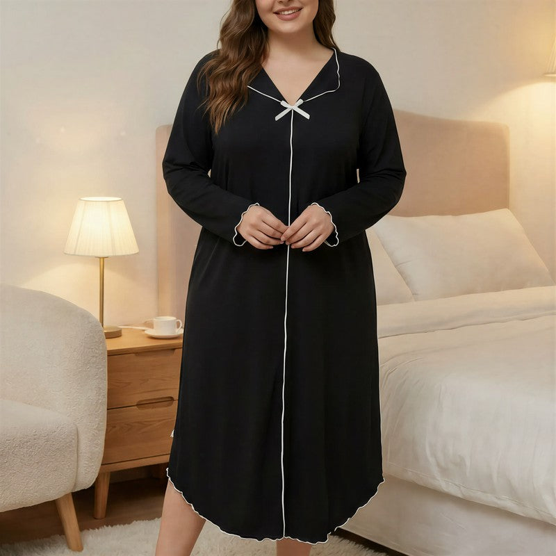 Tencel Bow Trim Nightgown - Black - 4XL - image 0
