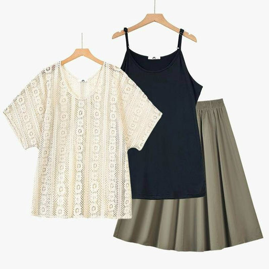 Lace Cover Up Cami and Midi Skirt Three Piece Set - 3Pcs Set (Black) - 6XL - image 0