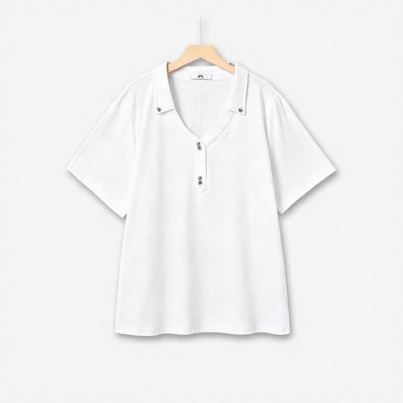 Snap Collar V Neck Casual Top - White - 6XL - image 1