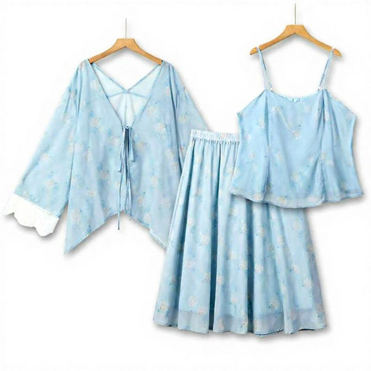 Floral Lace Trim Three Piece Skirt Set - Light Blue - 6XL - image 0