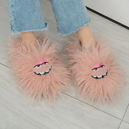 Pink Fluffy Cartoon Eye Indoor Slippers - image 0
