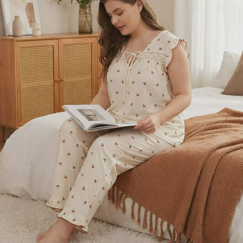 Soft Floral Bow Pajama Set - Beige - 4XL - image 0